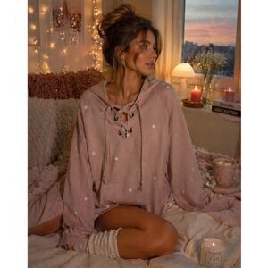 Soft Girl Star Print Hoodie L Lace Up Cottagecore Coquette Cozy Sweatshirt